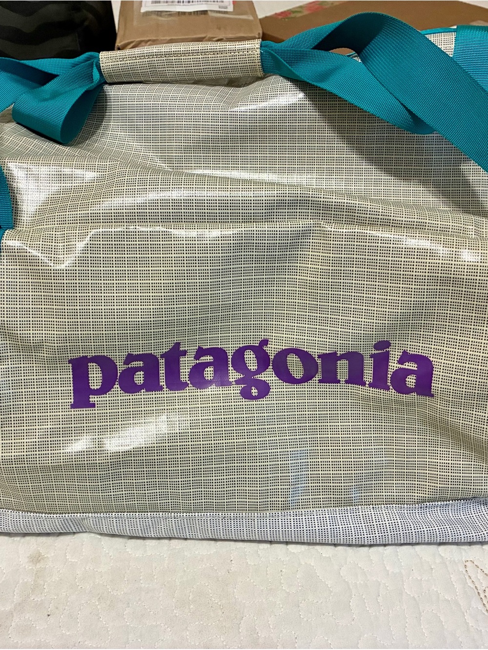 Patagonia Teal-Handle Cream Canvas Travel Tote with Purple Logo